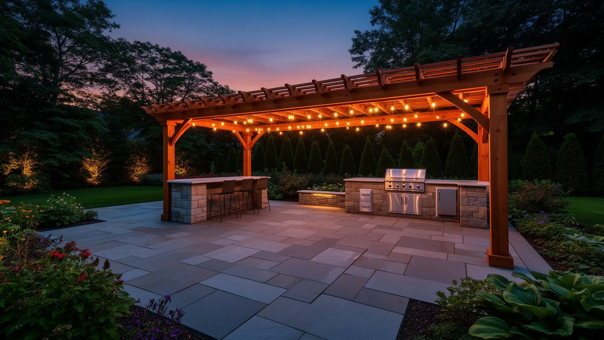 Custom backyard with paver patio, stone masonry, and cedar deck at dusk in Walled Lake, Michigan