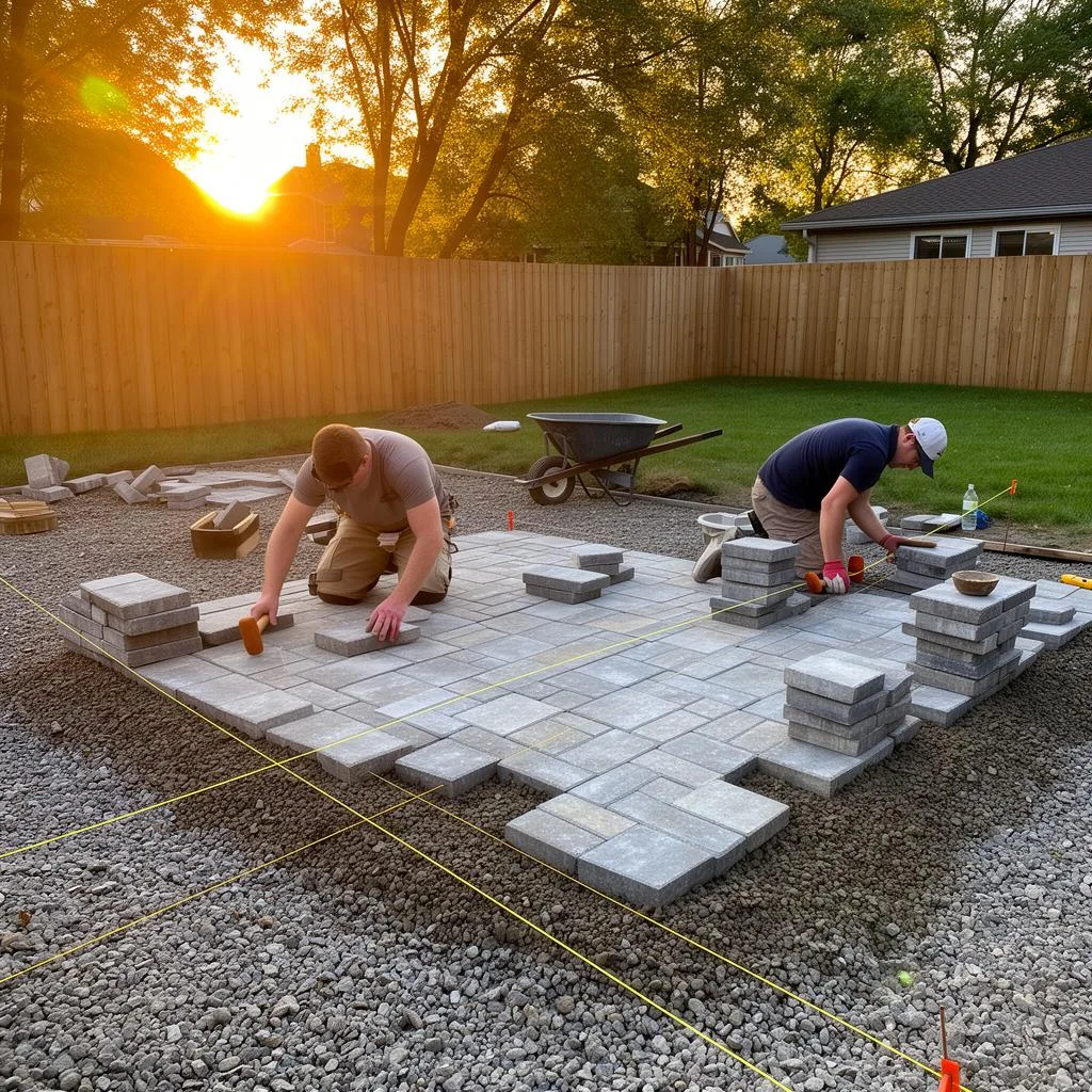 Crew building a paver patio base in Oakland County, Michigan